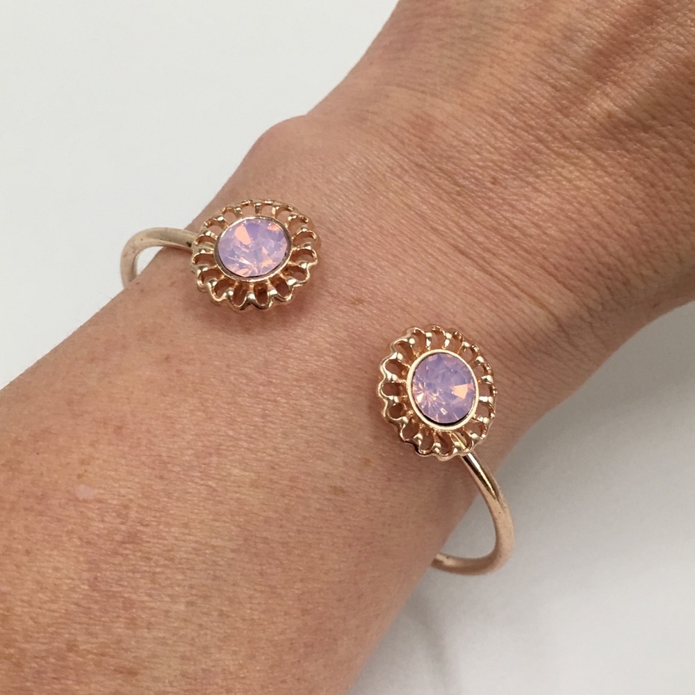 Pink crystal boho rose gold open cuff bracelet - Picture 2 of 4